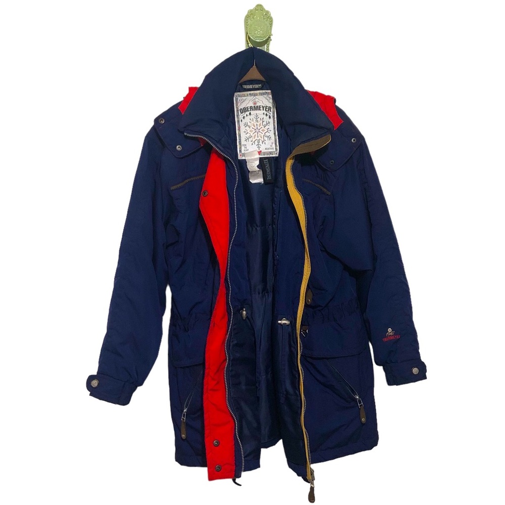 Obermeyer Vintage Jacket Coat Apres Ski Hood Preppy Blue Red Yellow Embroidered